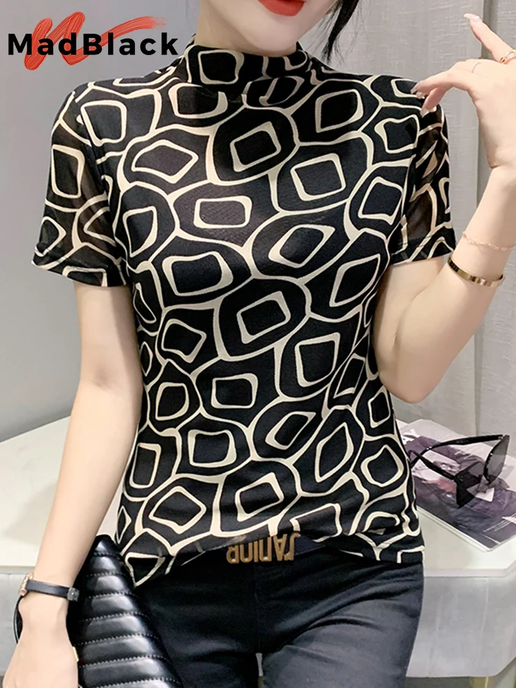 

MadBlack Summer Korean Clothes Mesh Thin T-Shirt Chic Sexy Mock Neck Print Geometric Women Tops Short Sleeve Slim Tees T27014L