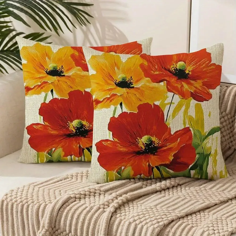 

2 decorative pillowcases with orange poppies and green buds | Made of durable polyester fabric, 18x18 inches, machine washable