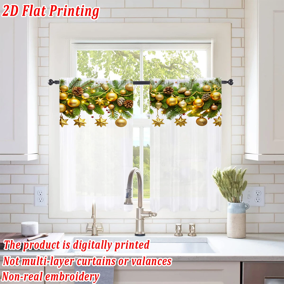 Christmas Flat Printing Kitchen Sheer Curtain with Christmas Ball Pinecone Star Pine Branch For Christmas Home Decor  Party