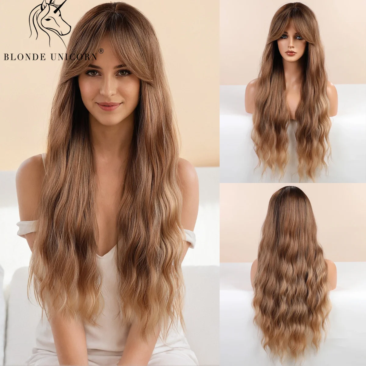 Blonde Eenhoorn Lange Bruine Synthetische Pruik Golvende Pruiken Met Pony Dagelijks Cosplay Party Gebruik Hittebestendige Vezel Haar Pruiken Voor Vrouwen