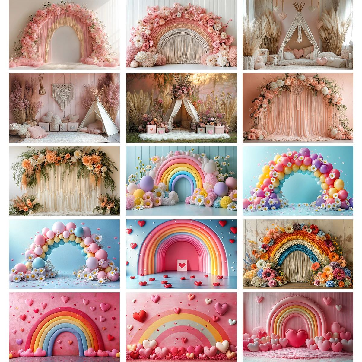 Rainbow Balloon Arch Background Cake Smash Photobooth Props Bohemian Flower Backdrop Kids Adult Party Boho Photo Banner