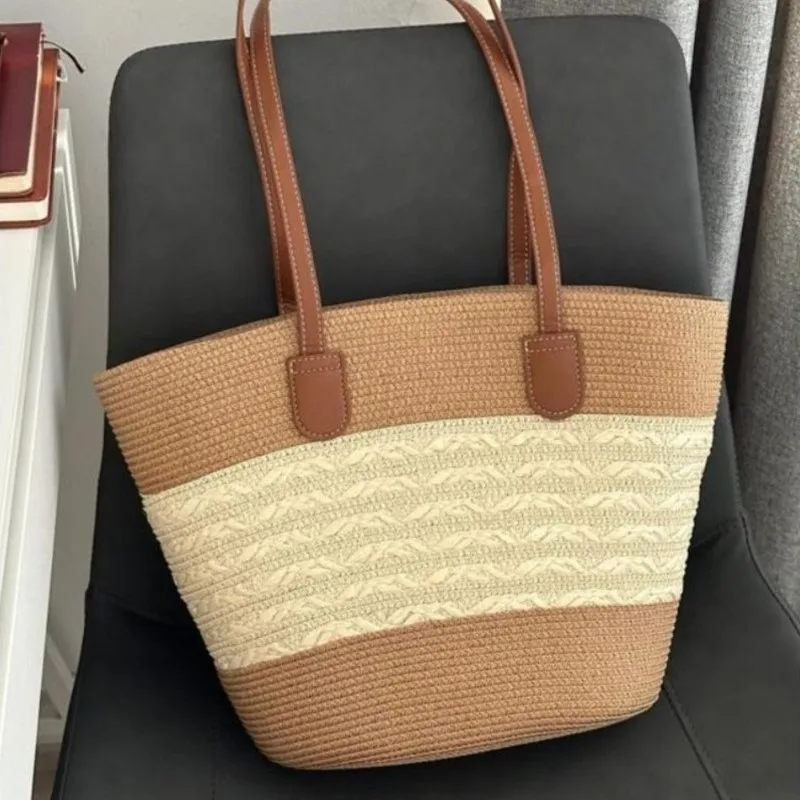 Elegant Retro Woven Tote Bag Women White Wheat Color Block Large Capacity Shoulder Bag Ladies Lightweight Commuter Beach Bag New