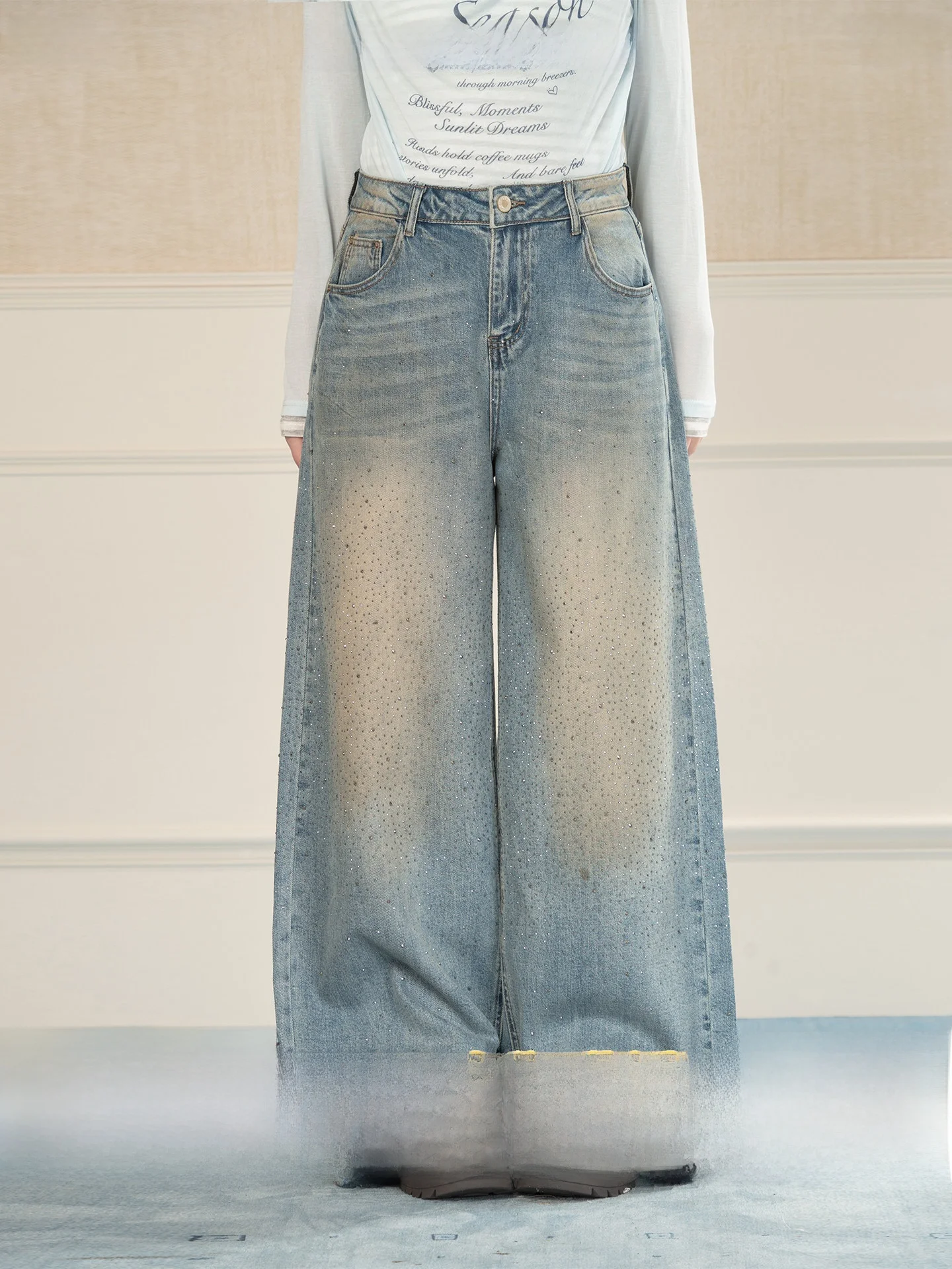 

Heynew Retro Fla Diamond Wide Leg Jeans Women's plus Size High Waist Slimming Floor-Length Pants Spring Commute Sle