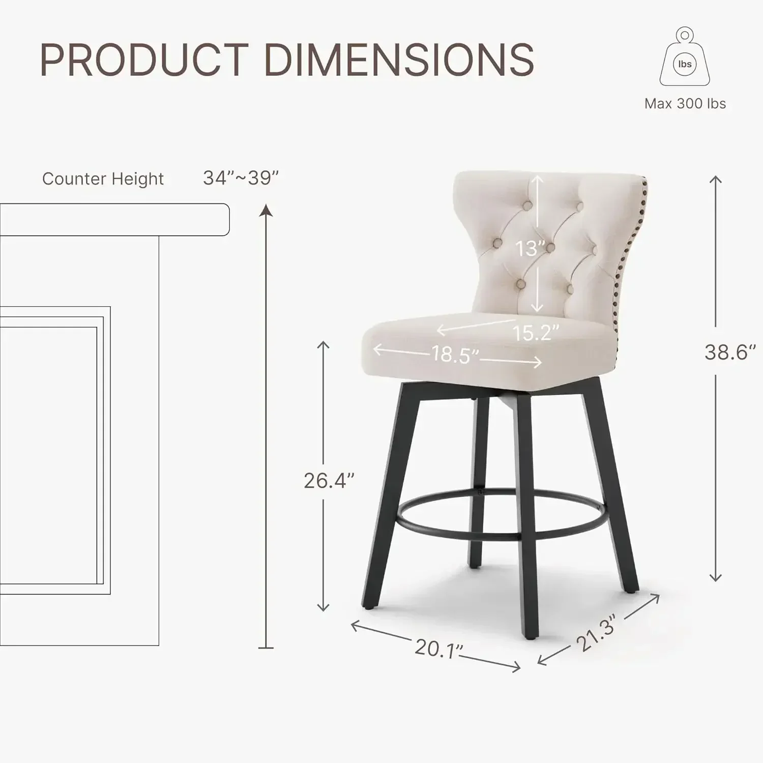 [عرض لفترة محدودة، اشترِ الآن! ]مقاعد مرتفعة للبار مقاس 26 بوصة منجدة بأزرار معنقدة ومقاعد دوارة مع ظهر للمطبخ