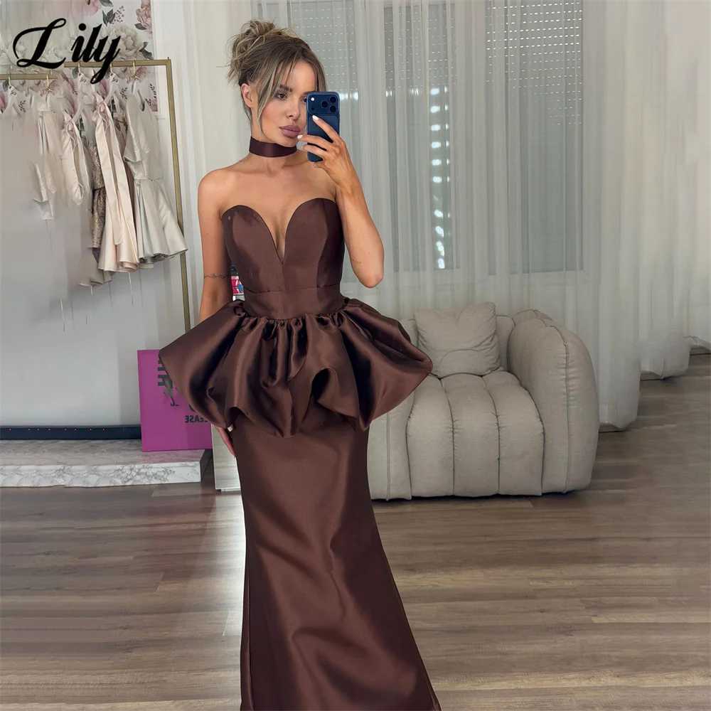 Lily Dark Brown Party Dress V Neck Sleeveless Evening Dress Floor Length Mermaid Formal Gown Satin Elegant Prom Gown Customized