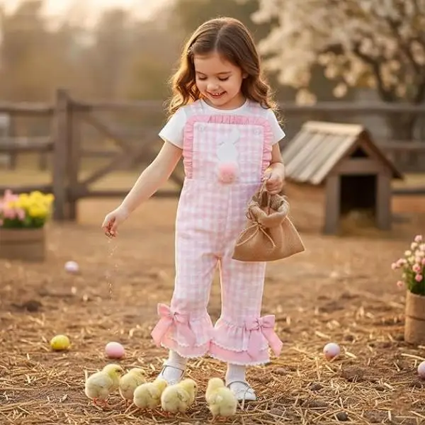 UNITIM 2 Colors Lovely Kids Girls Easter Jumpsuit Baby Girls Sleeveless Elastic Waistband Plaid Print Romper Toddler Bell Bottom