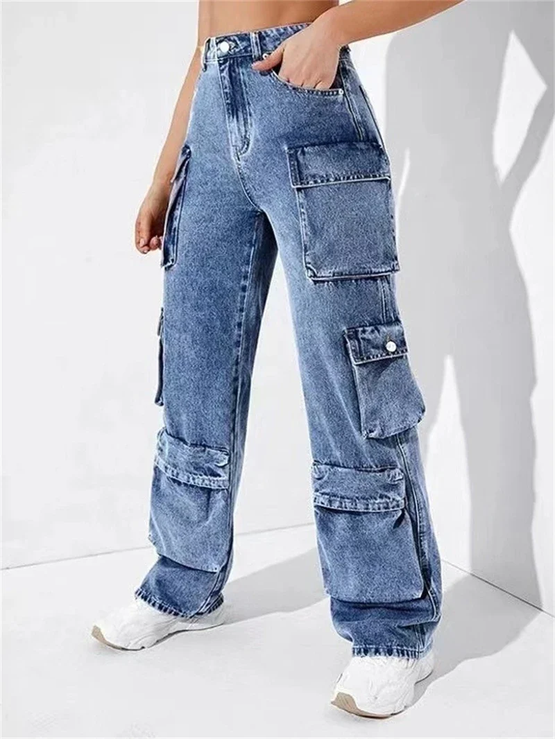 Streetwear Jeans Trousers Autumn Clothes Women 2024 High Waist Multi Pocket Cargo Pants Fashion Safari Style Denim Pants Bottoms