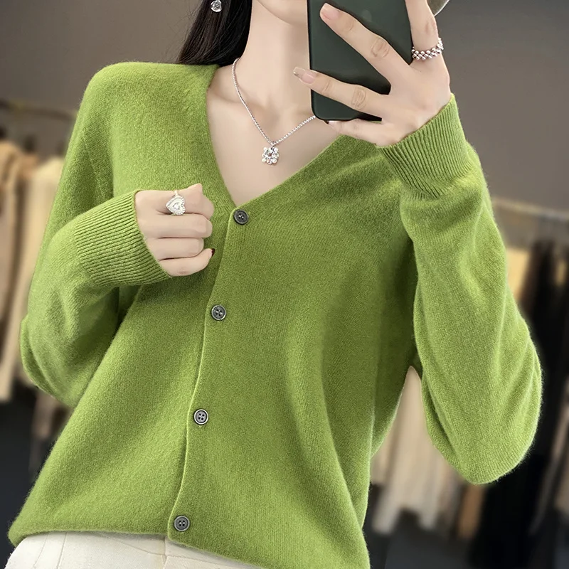 Primavera autunno scollo a v Cardigan lavorato a maglia di lana da donna sciolto maglione morbido di grandi dimensioni giacca tutto-fiammifero