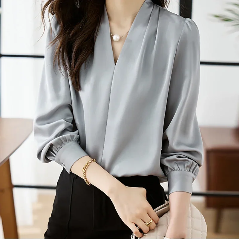 

HELIAR Women Shirt Elegant V-neck Chiffon Blouse Loose Casual Long Sleeve Office Shirt Chic Women Party PulloversTop