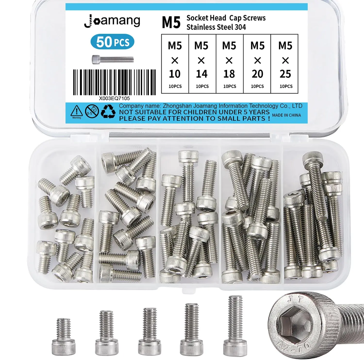 

M5 Stainless Steel Socket Head Cap Screws Bolts Assortment Kit, 304 Metric Allen Hex Drive, Fully Threaded, Bright Finish, 50PCS