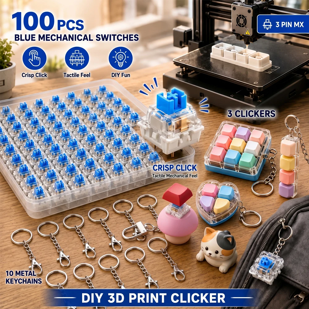 100 Peças de Interruptores de Teclado Mecânico Azuis, Interruptores MX Clicky de 3 Pinos para Fidget Clickers Impressos em 3D, 3 Peças de Brinquedo Clicker de Teclado DIY