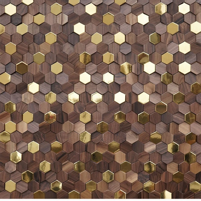 11PCS Hexagon 3D Wood Wall Art Black Walnut Metal Mosaic Tile Teahouse TV Background Interior Decor Wall Stickers view 3