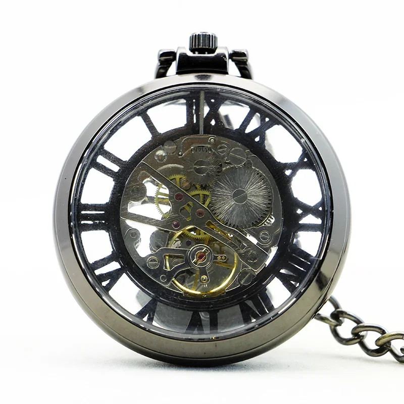 Zwart Vintage Mechanisch Zakhorloge Luxe Hanger Horloge Voor Mannen Met Zak & Ketting Ketting