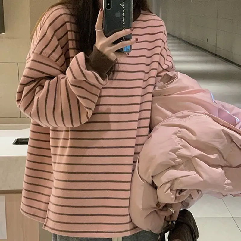 Striped Pullover Sweater Female Students Korean Version Loose Ins Autumn Winter Long-Sleeved T-Shirt New Coat Split Lazy Wind