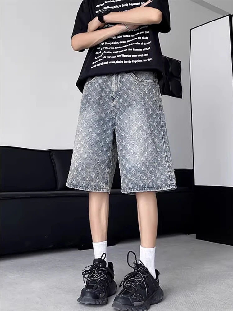 

Модные джинсовые брюки в американском стиле ретро с цветочной вышивкой, мужские летние свободные прямые уличные брюки из смеси хлопка и полиэстера