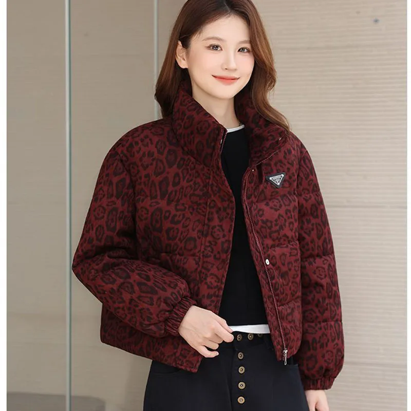 2026 Winter Short Leopard print Down cotton Jacket For women New Korean version Loose Stand collar Thick Coat Female Casual Top