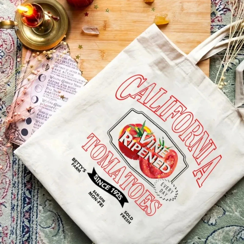 1 Uds. Bolso de mano de lona, bolso de hombro, divertido patrón de tomate, bolsas de compras, almacenamiento, embalaje de regalo, bolsas de lona artísticas Eco1