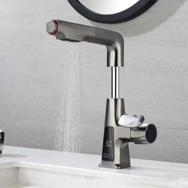 Bathroom Basin Faucet Brass Digital Display Watertall Tap Cold and Hot Water Lifting Pull Out Bathroom Sink Mixer kitchen faucet