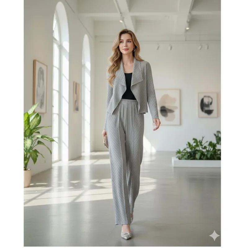 

Комплект из плиссированных брюк и кардигана Miyake: Новинка 2026 года, свободный крой, большие размеры, широкие брюки, элегантный стиль, комплект из двух предметов