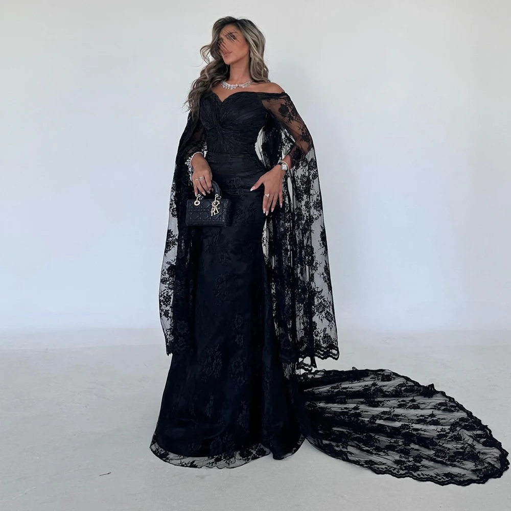 

Charming 2025 Evening Gowns for Women Lace Sheath/Column Valentine's Day Dress Black Off-the-shoulder Pleat Cape Party Dress