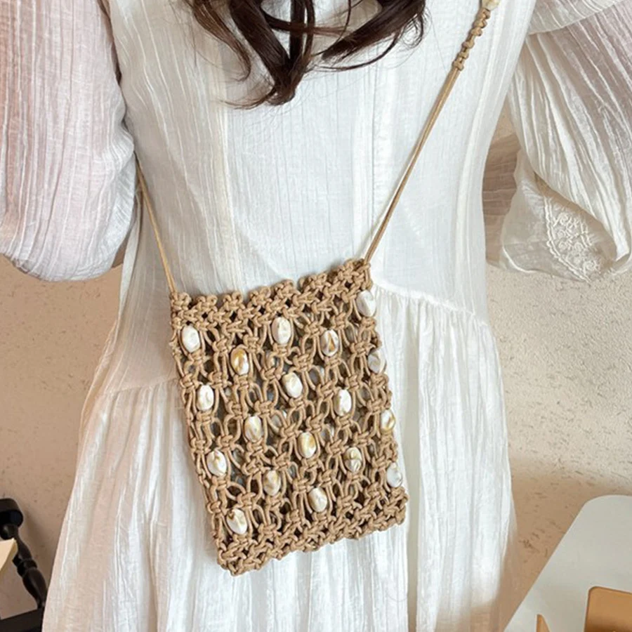 

Summer Portable Phone Purse Hollow-out Beaded Woven Solid Color Shoulder Handbag Crochet Lightweight Braided Crossbody Bags Sac