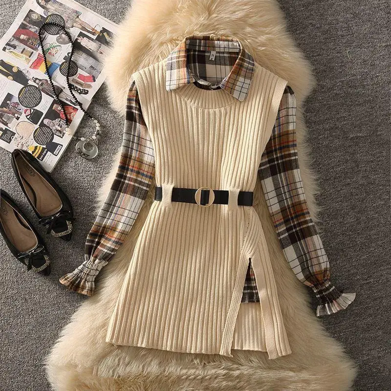 Women\'s Vintage Plaid Shirts Sweater Vest with Waistbelt Set Lady Autumn Winter Lucky Red Knit Tank Tops Blouse Outfits Knitwear