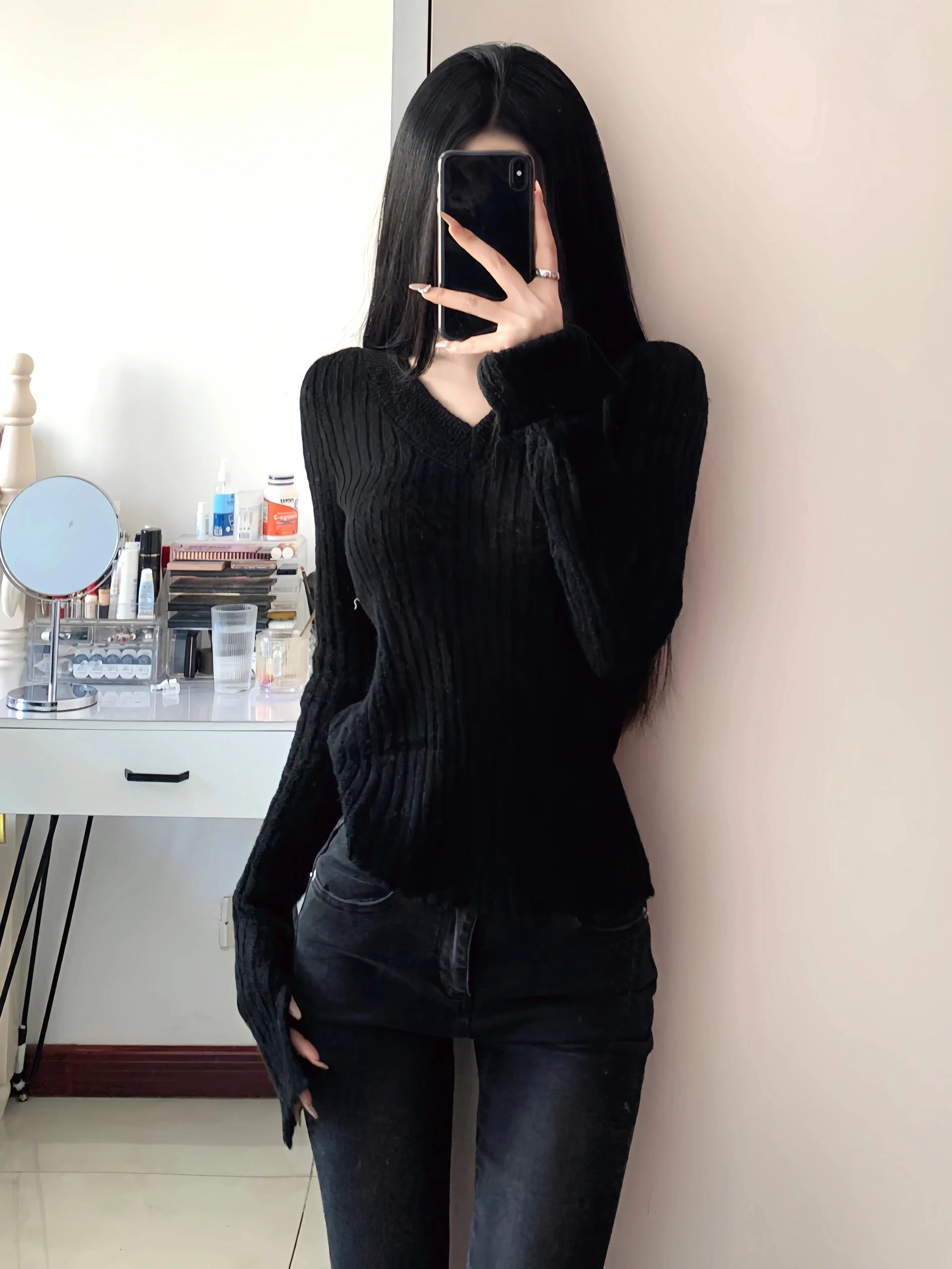 

Sweaters Jumpers Pullovers Women Dark Blue Y2K Jerseys Organza Mock Two-Pieces Professional Business Meeting BF Lady OL Fit Wild