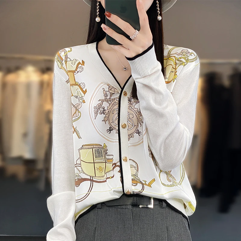 

Spring And Autumn V-Neck Worsted Thin Wool And Silk Stitching Cardigan Women's Summer Knitted Bottoming Shirt Fashion Sweater