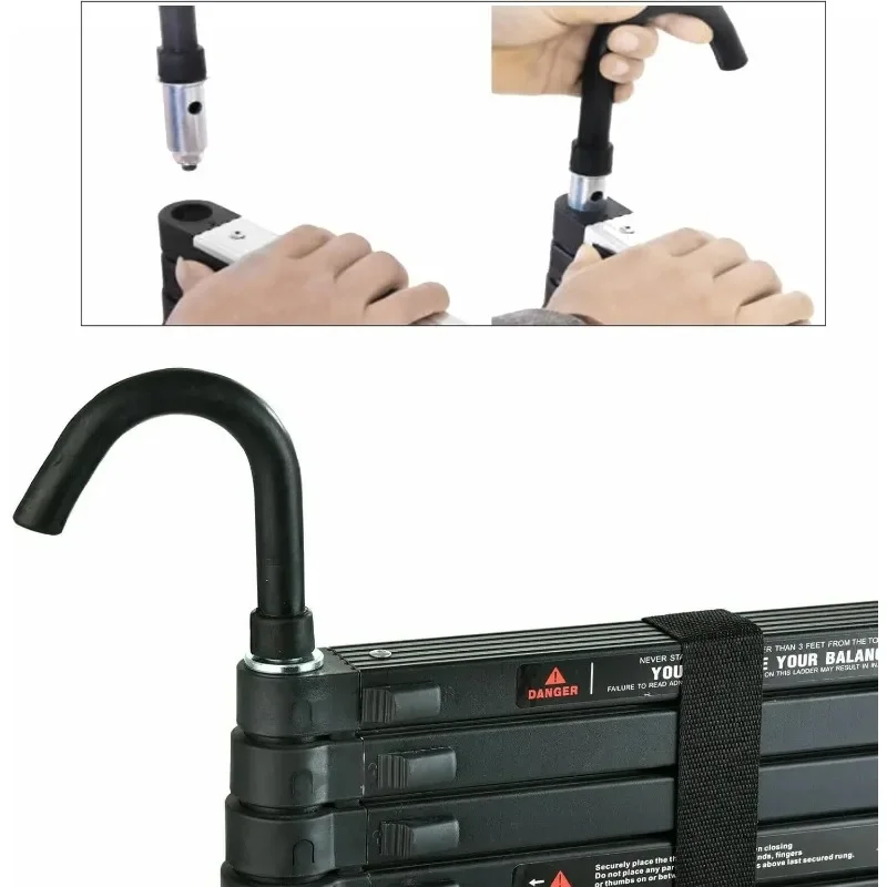 Escalera telescópica de aluminio de 12 pies con 2 ganchos de techo desmontables (2,8 pulgadas), escalera de extensión telescópica liviana para el hogar