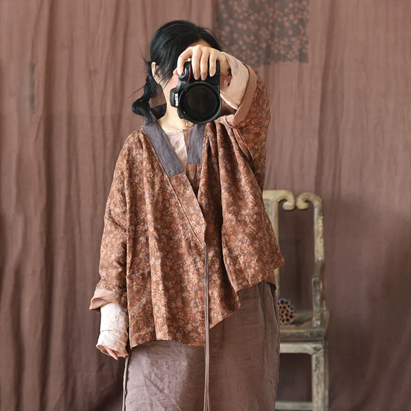 

Женская винтажная куртка-кимоно с запахом, кардиган в китайском стиле Ханьфу, льняной с принтом, свободная повседневная верхняя одежда на шнуровке для весны и лета