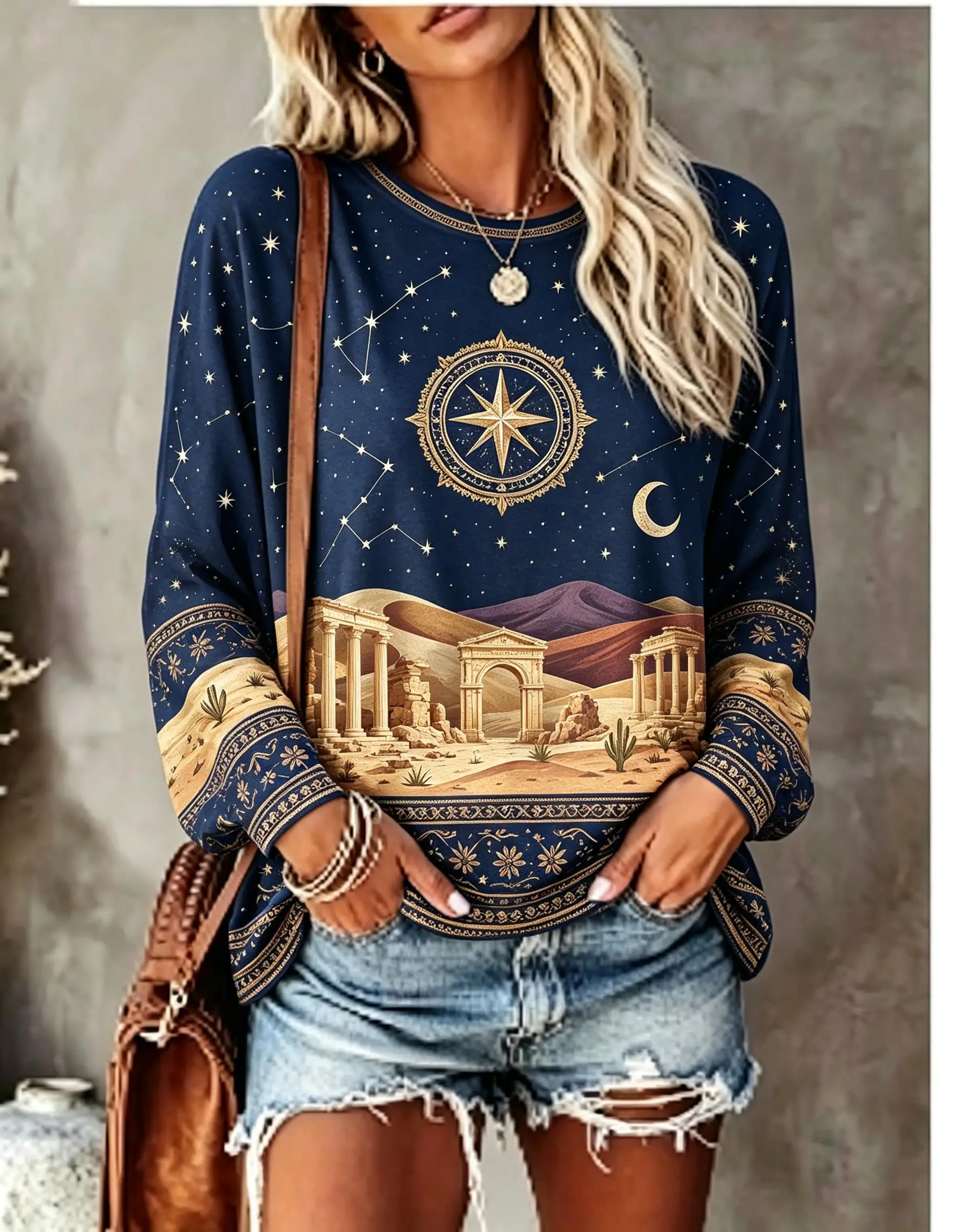 Women Long Sleeve T‑Shirt Boho Star Constellation Compass Ancient Ruins Print Crew Neck Casual Tops