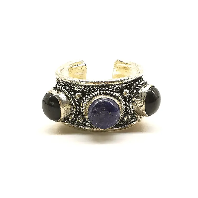 Tibetan Rings Metal Copper Inlaid Natural Stone Beads Open Rings Tiger Eye Lapis Agates R027
