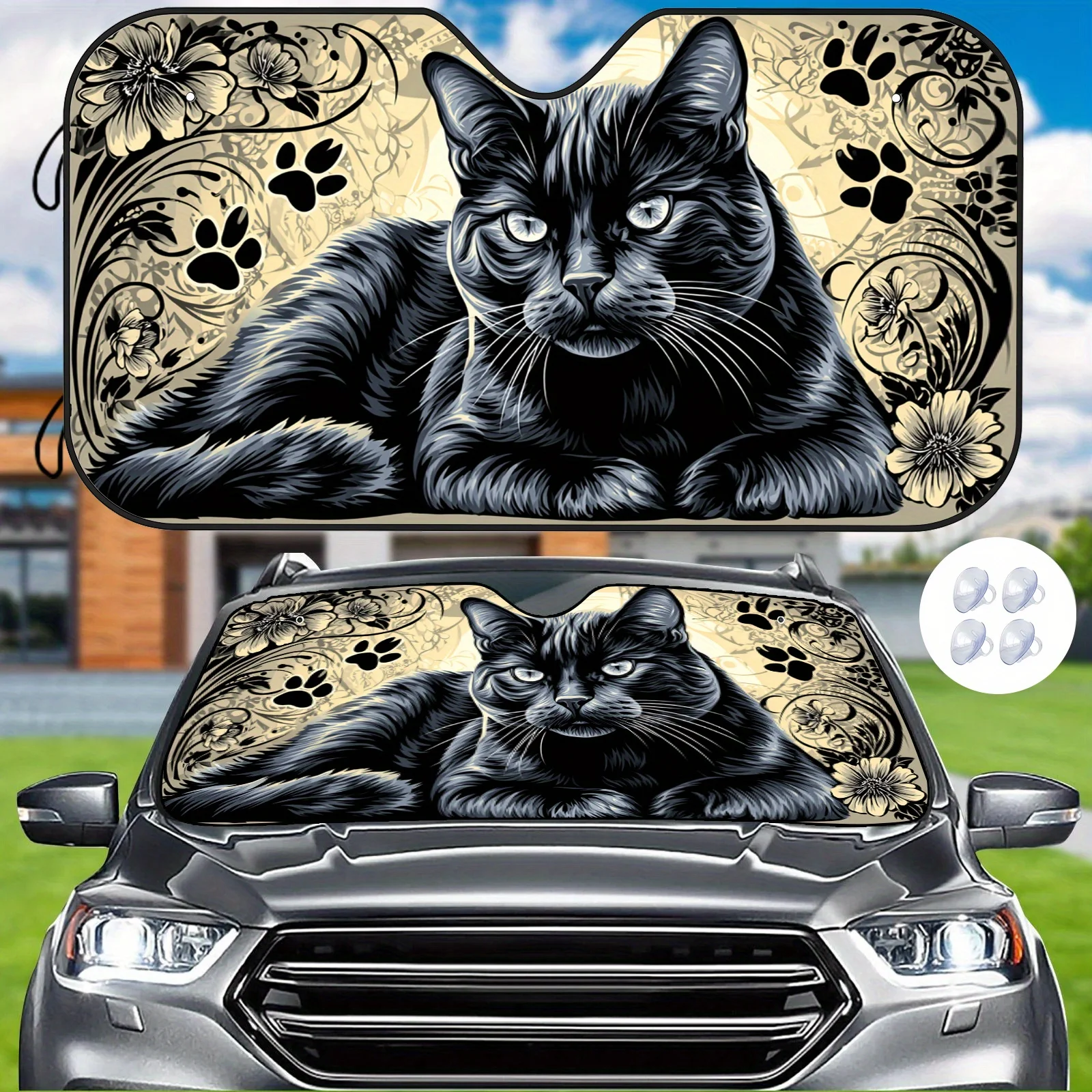 Artistic Black Cat Car Sunshade With Vintage Pattern, Heat-Resistant And Temperature-Stabilizing Design, Includes Adhesive Acces