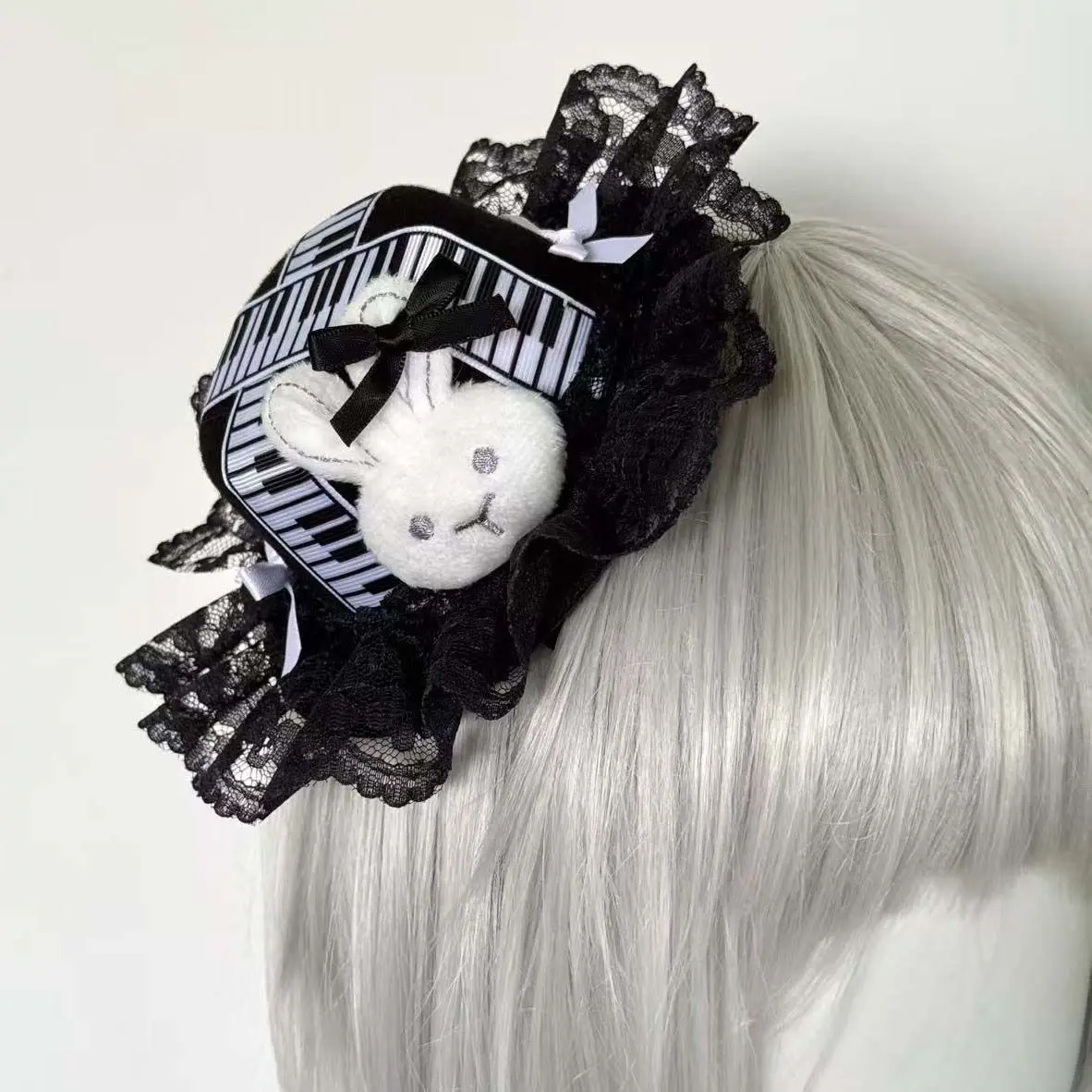 Lolita Small Top Hat Retro Piano Rabbit Lace Bow Y2K Birthday Hat For Girls Handmade Bow Rabbit Ear Hair Clips