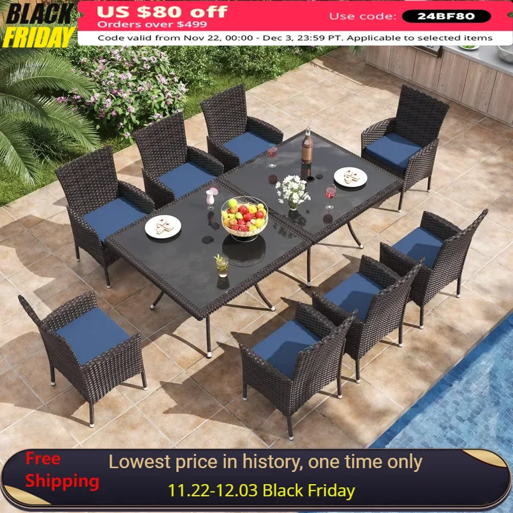 

10 Piece Patio Dining Set,w/Tempered Glass Tabletop, Removable Cushions ,All-Weather Wicker Outdoor Patio Furniture Sets