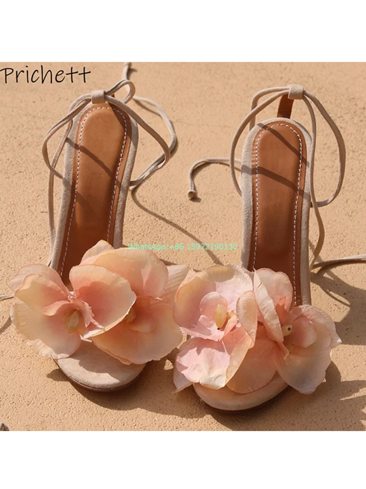 Gradual Flower Sandals Mixed Color Ankle Band Round Toe Lace Up Summer Elegant Shoes Fashion Floral Party Stiletto Shoes