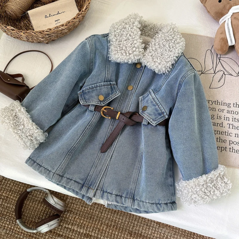 Winter New Girls' Blue Long Sleeve Denim Thickened Dress Baby Stylish Toddler DressCL5601