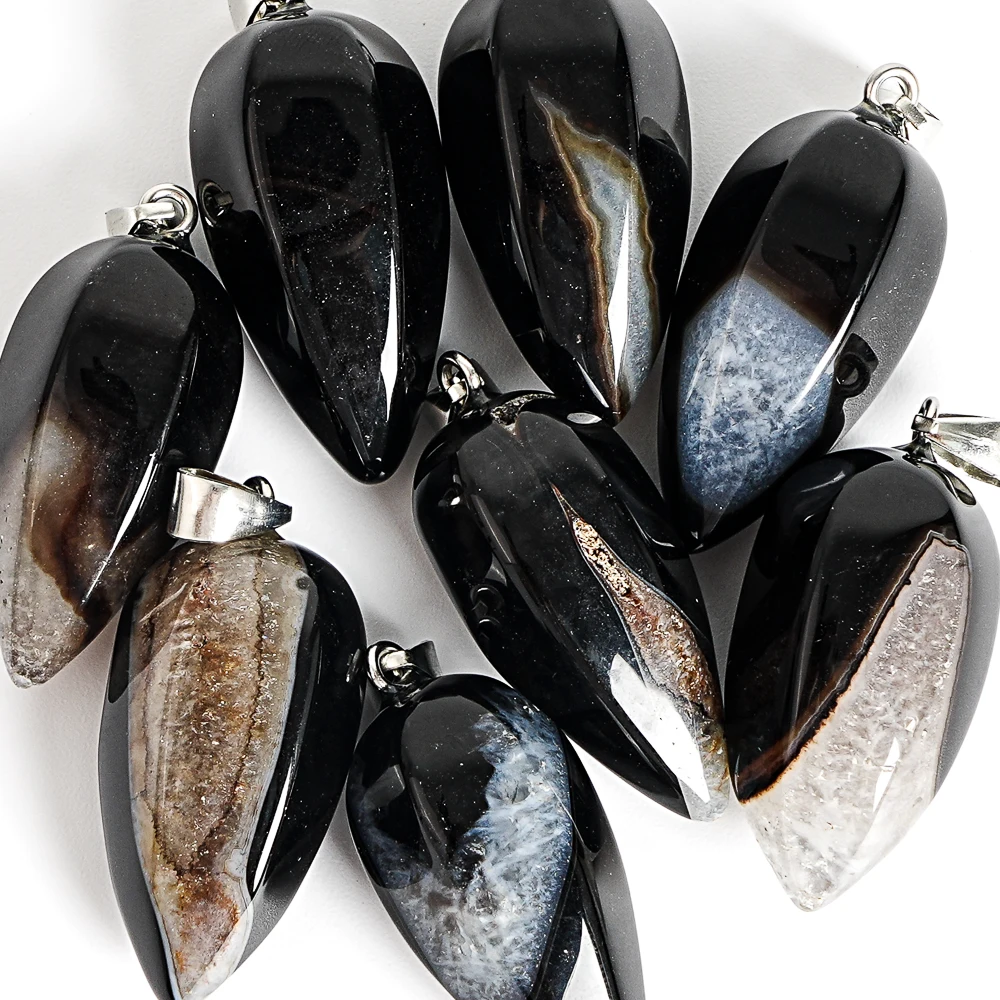 NATURAL BLACK AGATE CONE PENDANT 31X14MM GLOSSY GEMSTONE CHARM WITH METAL LOOP FOR HANDMADE NECKLACE DIY JEWELRY ACCESSORY CRAFT 3