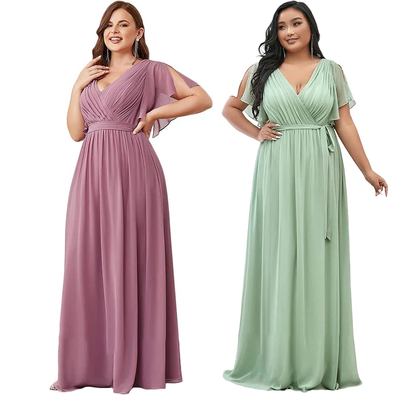 Plus Size A Line Chiffon V Neck Sashes Pleat Elegant Off Shoulder Bridesmaid Dresses Wedding Party Evening Formal Prom