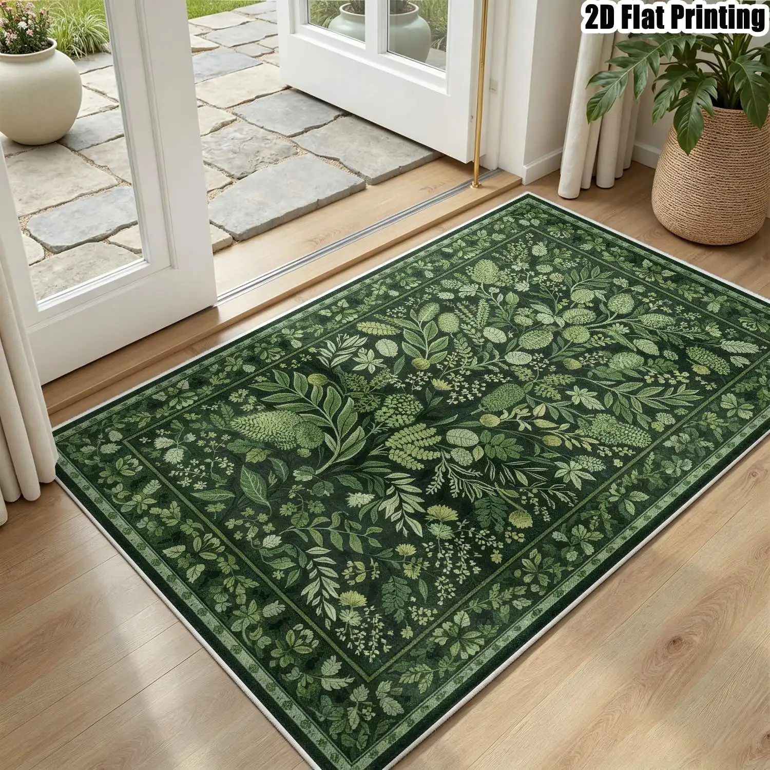 1Pc 2D Printed Velvet Carpet, Deep Green Plant Vine Patterns, European Vintage Bohemian Floral Geometric Styles, Home Decor, Multiple Sizes, Machine Washable, for Entrance, Dining, Foyer, Bedroom, Living Room