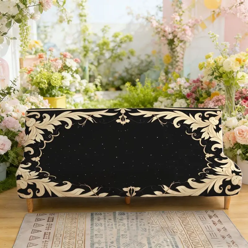 

Эластичный диван-кровать с принтом, чехол для дивана без подлокотников, черный фон, декоративный узор в стиле барокко