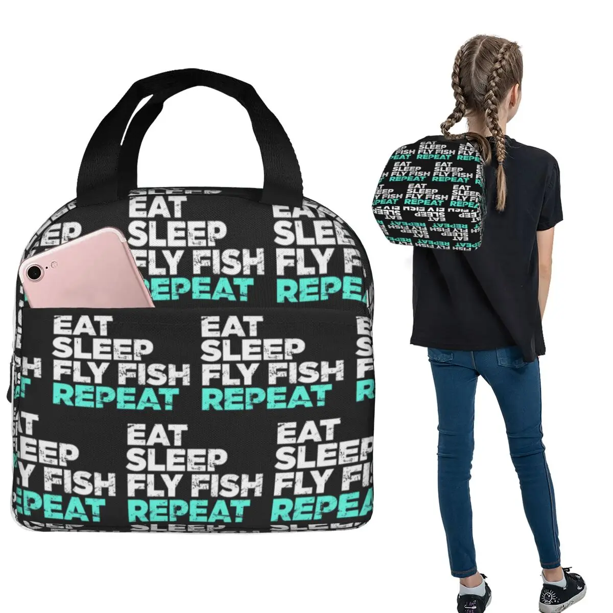 Eat Sleep Fly Fish Fly Fishing Graphic Insulated Lunch Bag for Women Kids Leakproof Food Boxes Thermal Lunch Box Tote