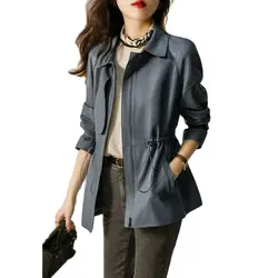 Abrigo de cuero para mujer, chaqueta holgada de temperamento con cremallera en la cintura, prendas de vestir exteriores azules de color puro, primavera y otoño, 2024