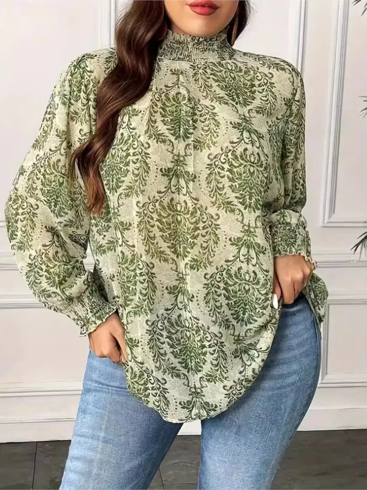 Plus Size Autumn Floral Print Lantern Long Sleeve Tops Women Casual Fashion Ladies Blouses Loose Pleated Woman Pullover Tops