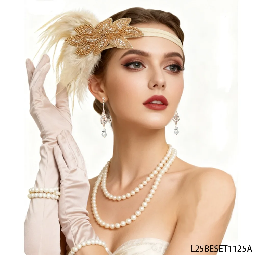 

PESENAR Vintage Champagne Women s Set Diamond Feather Headband Pearl Jewelry Gloves Gorgeous Elegant Theme Party Outfit