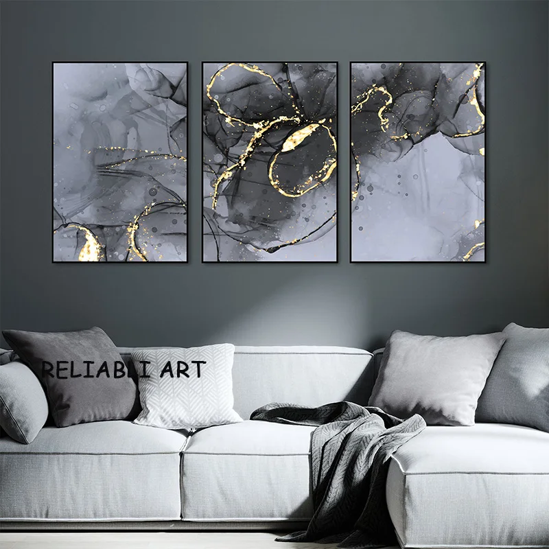 Abstract Golden Lines Marble Texture Canvas Painting 3 Panels Poster and Prints Wall Art for Living Room Home Decor No Frame