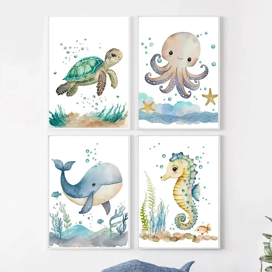 Niedliche Wal-, Seepferdchen-, Oktopus-, Krabben- und Schildkröten-Wandkunst-Poster und -Drucke, nordische Kinderzimmer-Leinwandbilder, Bilder für Baby- und Kinderzimmer