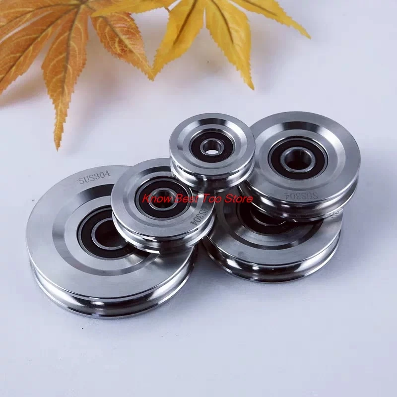 1pc 304 Stainless Steel Pulley U-shaped Track Wire Rope Lifting Wheel Mute Ball Bearing Pulleys Handling Tool Furniture Roller