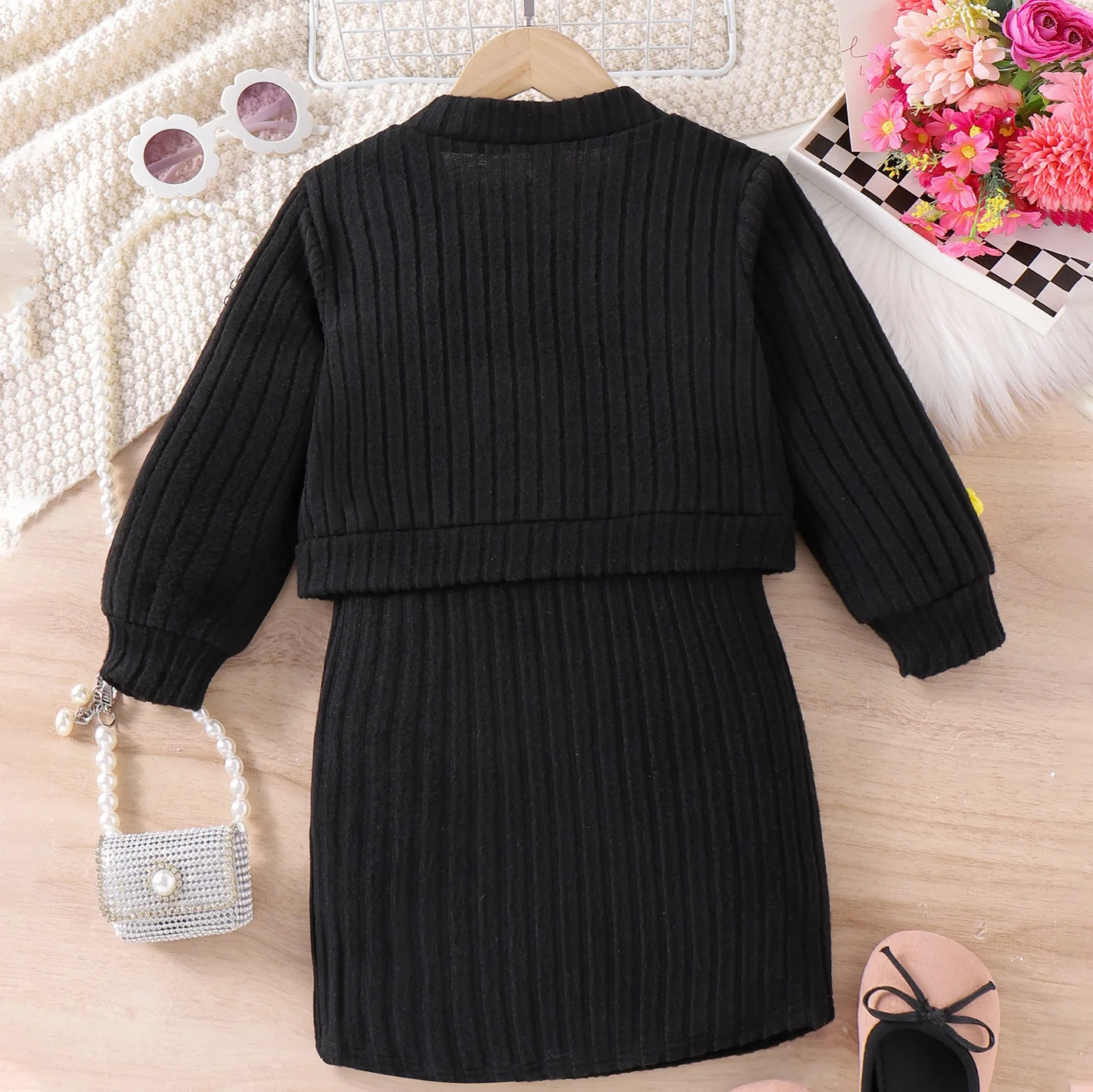 Autumn  winter new small  medium-sized girls foreign three-dimensional flower knitted cardigan long-sleeved black dress set image 2