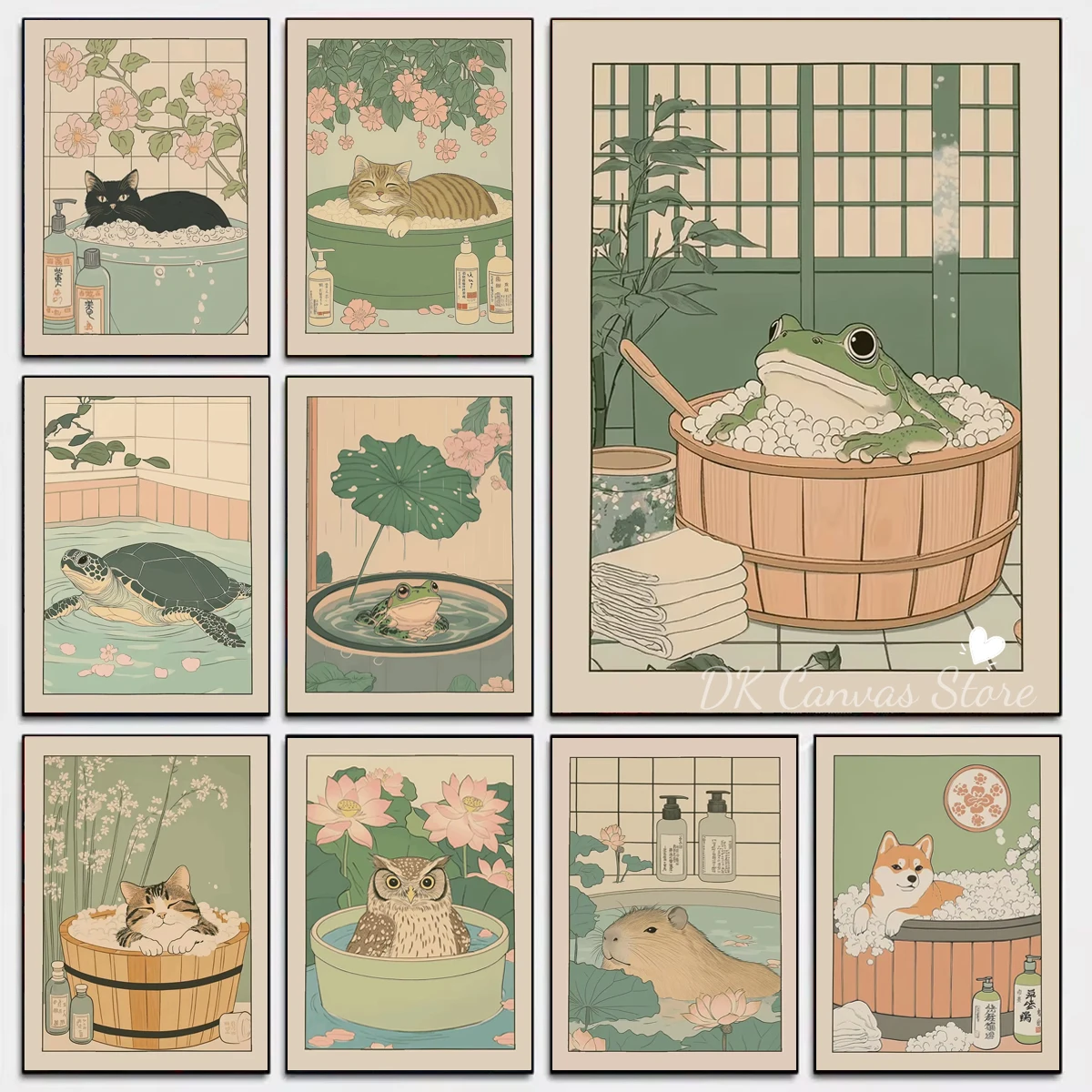 اليابانية الرجعية الضفدع في حوض الاستحمام طباعة ملصق غريب الأطوار خمر لطيف مضحك الحيوان الفن طباعة الحمام جدار ديكور فني للمنزل ملصق